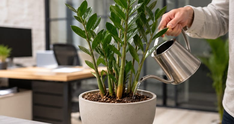 Rega moderada de zamioculca em escritório, com vaso de boa drenagem e substrato seco.