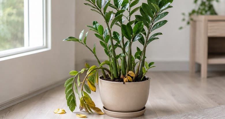 Zamioculca em vaso com folhas caindo e algumas folhas amareladas, indicando problema de cultivo.