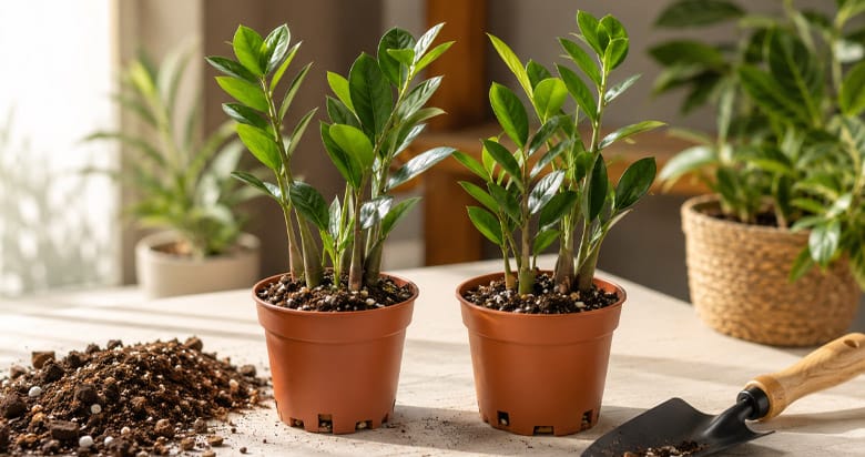 Mudas de zamioculca recém-divididas e replantadas em vasos pequenos com boa drenagem.