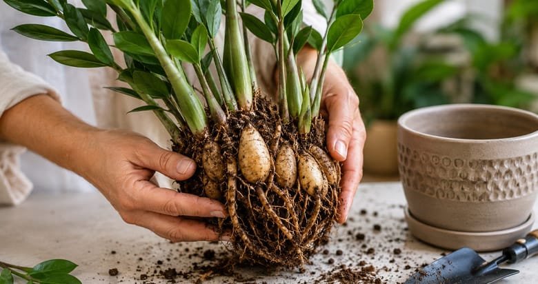 Divisão de rizomas da zamioculca durante o replantio, mostrando raízes saudáveis e estrutura da planta.