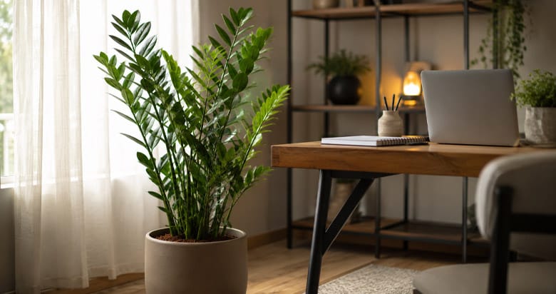 Zamioculca no escritório próxima à janela, recebendo luz indireta natural.