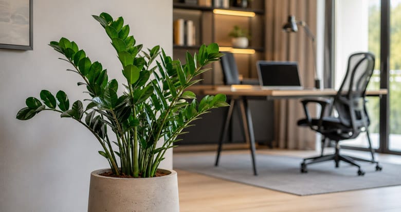 Zamioculca saudável em escritório moderno com luz indireta e ambiente bem iluminado.