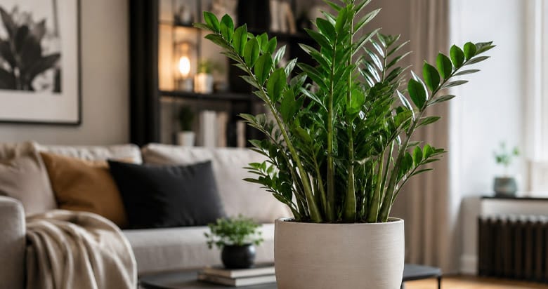 Zamioculca saudável em vaso dentro de casa, planta resistente de folhas verdes brilhantes.