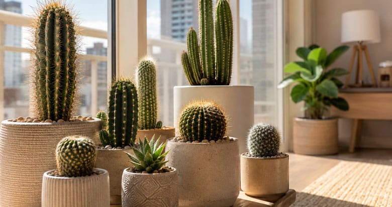 Cactos saudáveis dentro de casa próximos à janela, recebendo luz natural intensa.
