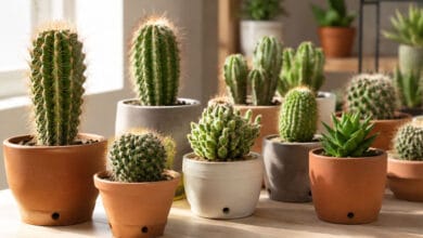 Vários cactos saudáveis em vasos de barro e cerâmica, cultivados em ambiente claro dentro de casa.