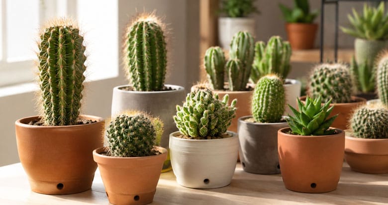 Vários cactos saudáveis em vasos de barro e cerâmica, cultivados em ambiente claro dentro de casa.
