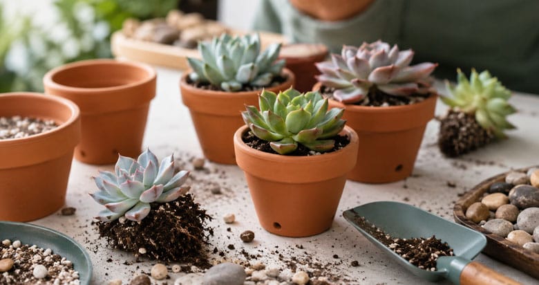 Mudas de suculentas enraizadas sendo transplantadas para vasos pequenos com boa drenagem.
