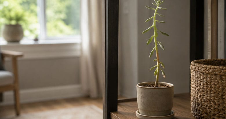 Suculenta estiolada em ambiente interno com pouca luz, apresentando caule alongado e folhas espaçadas.